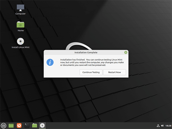 Linux Mint installation process completes