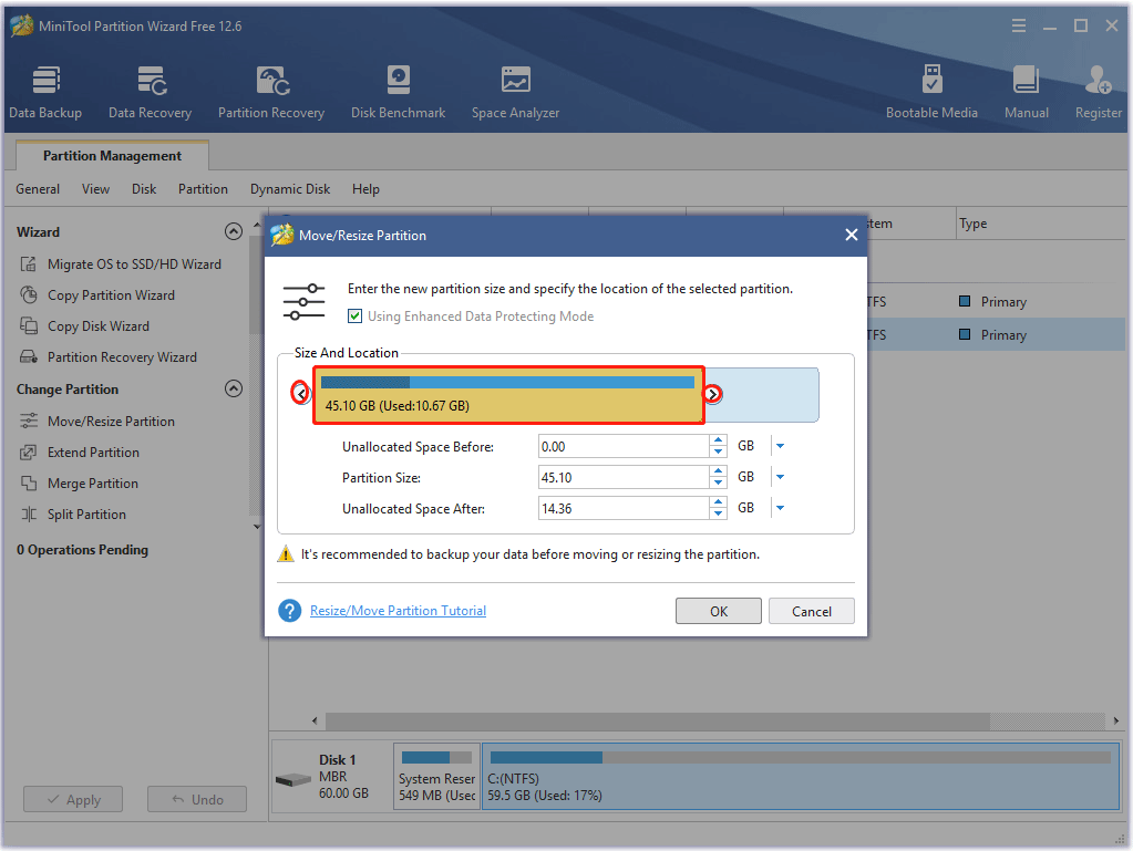 move and resize a partition