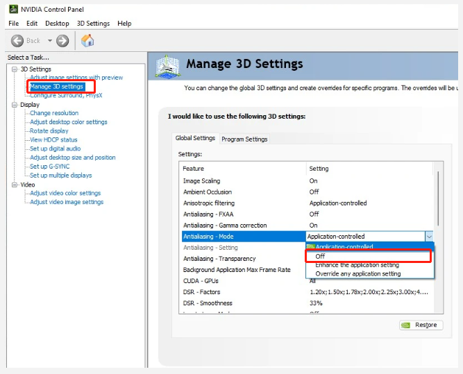 turn off Antialiasing on NVidia Control Panel