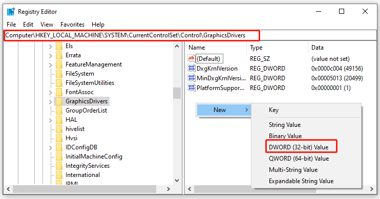 select GraphicsDrivers in Registry Editor