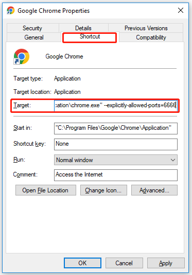 Change the Target of the Chrome Shortcut