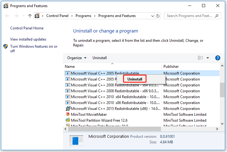 uninstall all items related to Visual C++ Redistributable