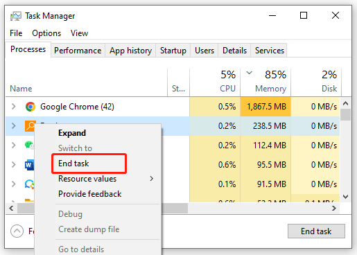 end the task of Feeds Search Application Task Manager