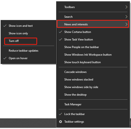 turn off News and Interests Windows 10