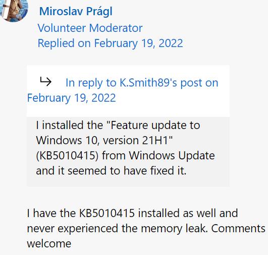 a user comment from the answersmicrosoft forum