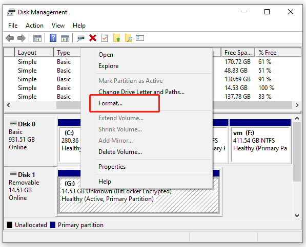 select Format in Disk Management