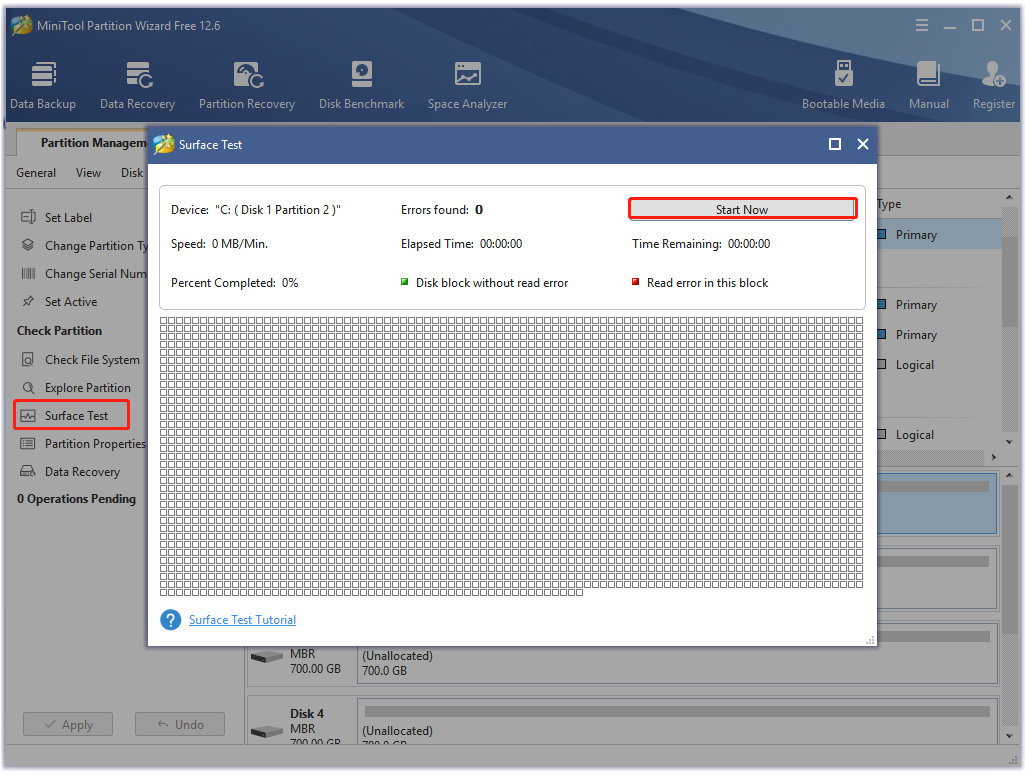 perform a surface test using the MiniTool software