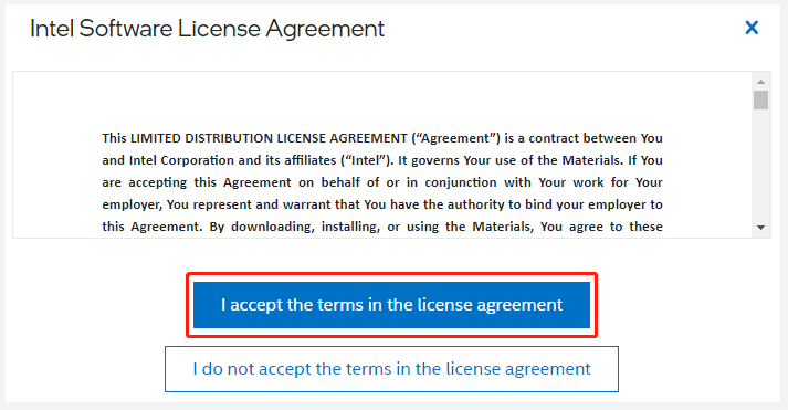 I accept the terms in the license agreement Intel PDT