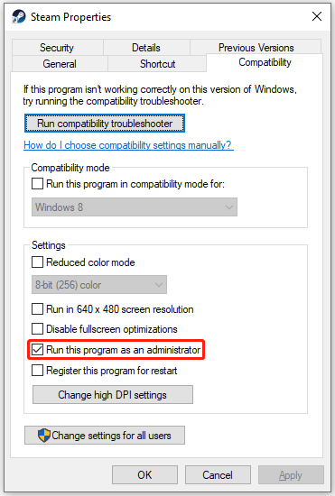 Check Run this program as an administrator