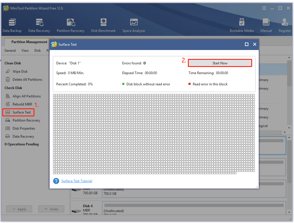 perform a surface test using the MiniTool software