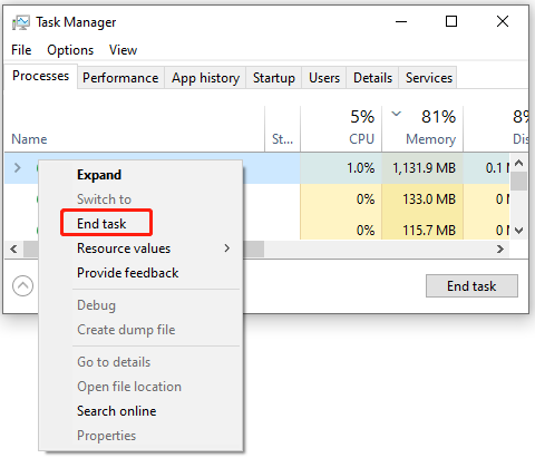 select End task