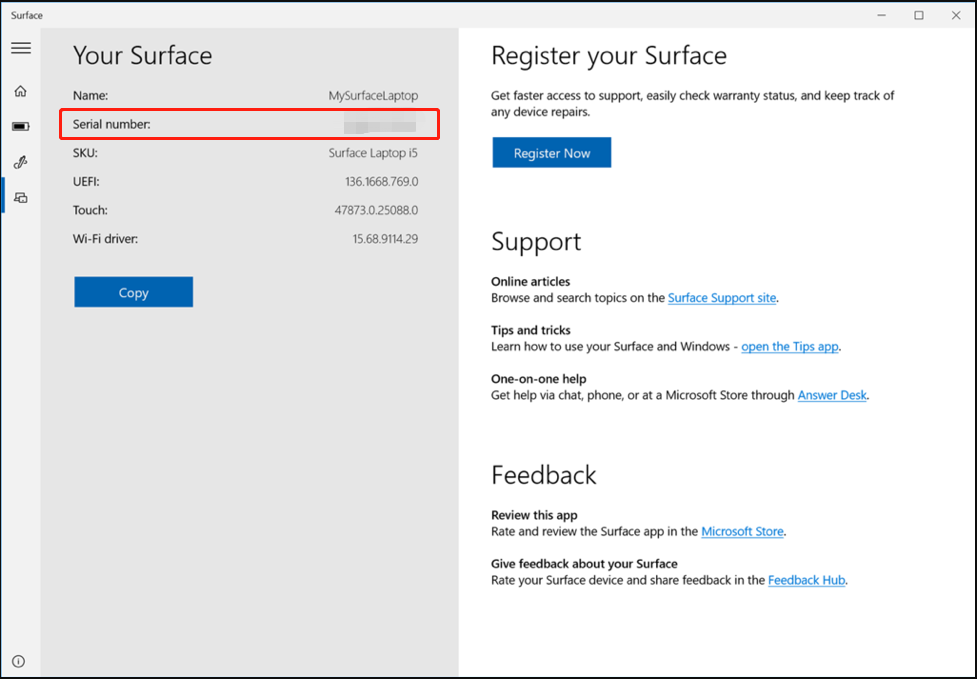 find serial number from the surface app