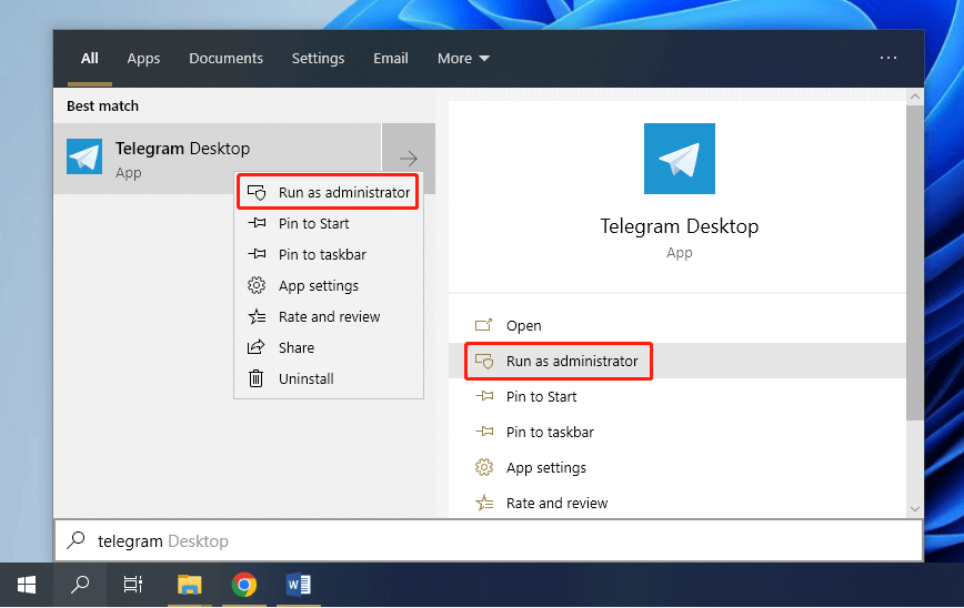 run Telegram as administrator