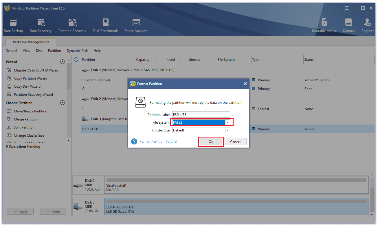 select FAT32 from the drop-down menu