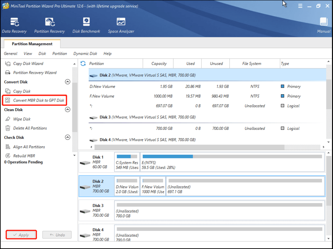 convert MBR to GPT using MiniTool Partition Wizard