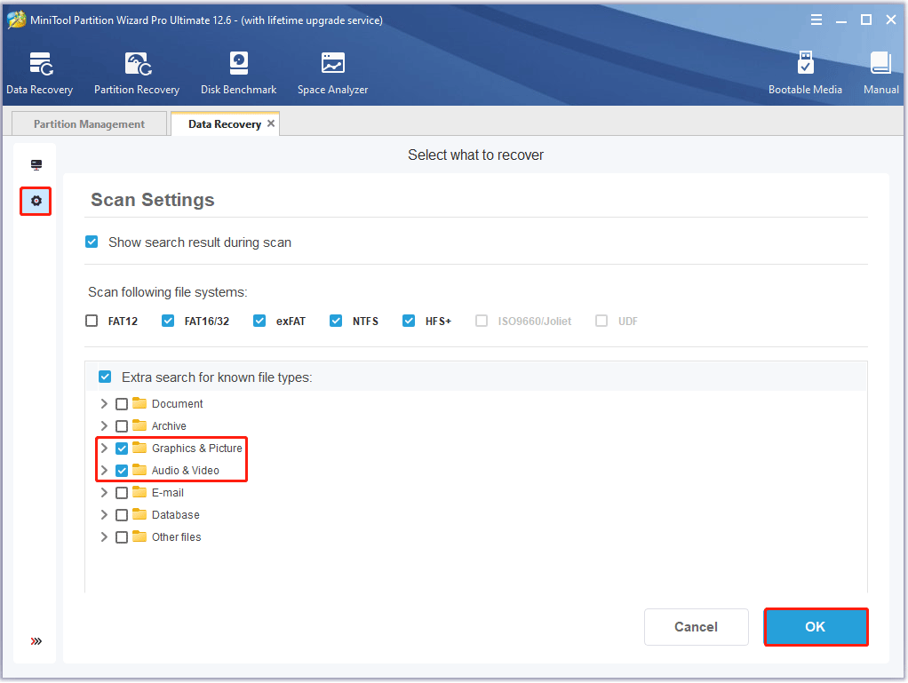 Settings interface of data recovery