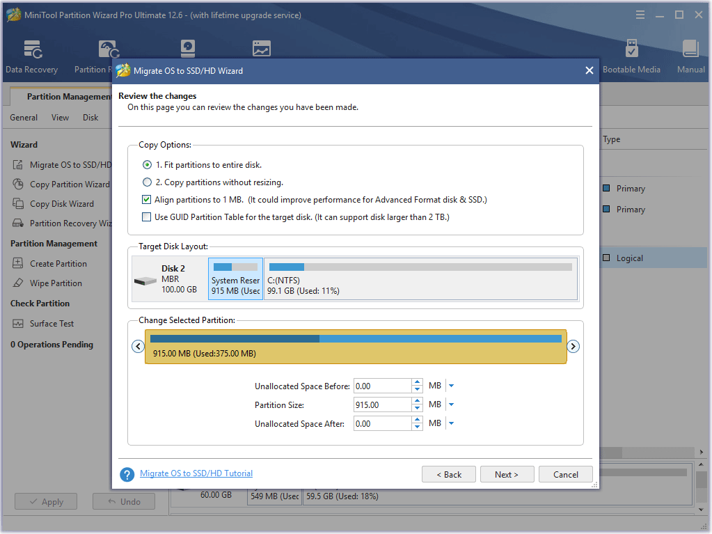 review the copy options and target disk layout