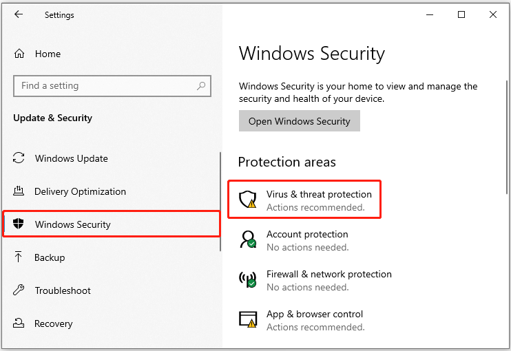 Select Virus and threat protection