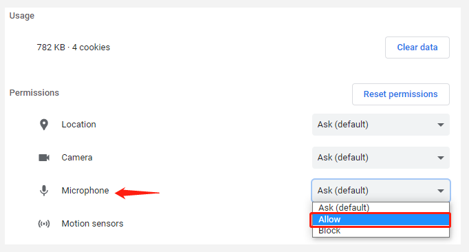 allow microphone permission in Browser settings