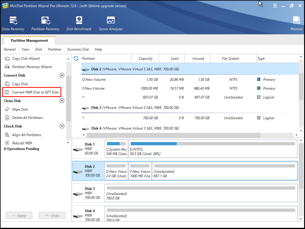 convert MBR to GPT using MiniTool Partition Wizard