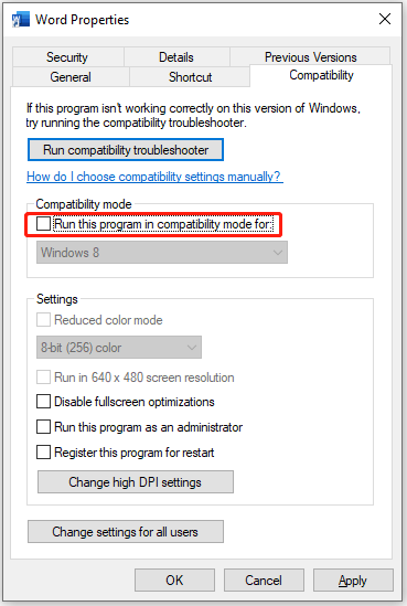 Uncheck compatibility mode