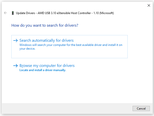 elect an option to update the USB controller driver