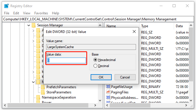 change the value data of LargeSystemCache to 0