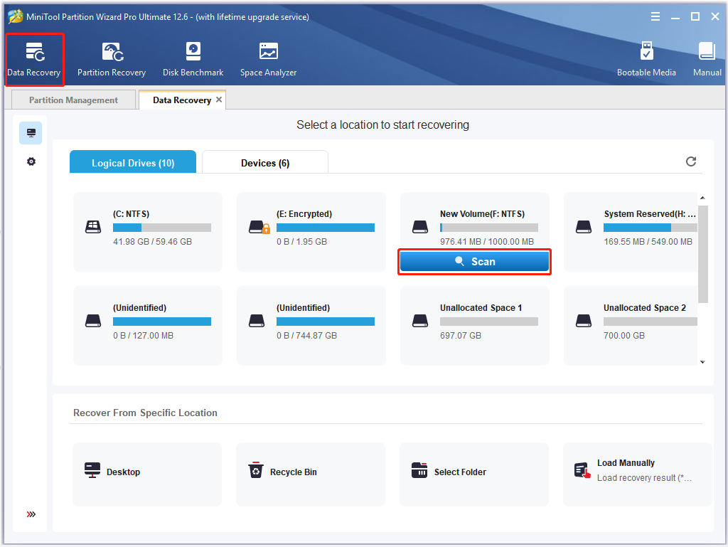 click Data recovery in MiniTool Partition Wizard