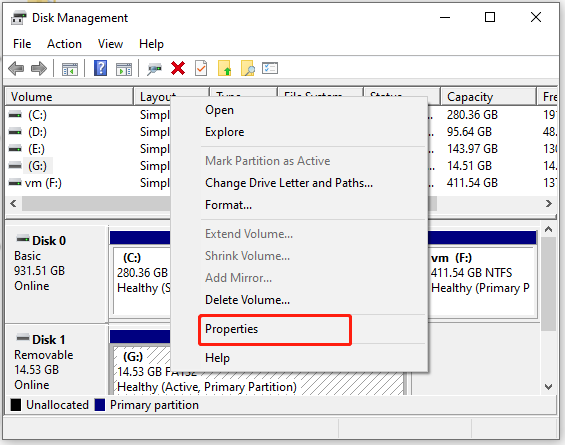 select Properties for the external drive