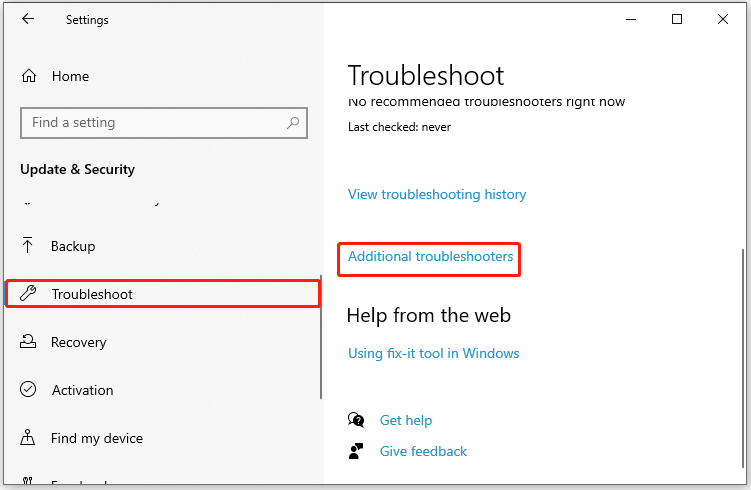 Click Additional troubleshooters