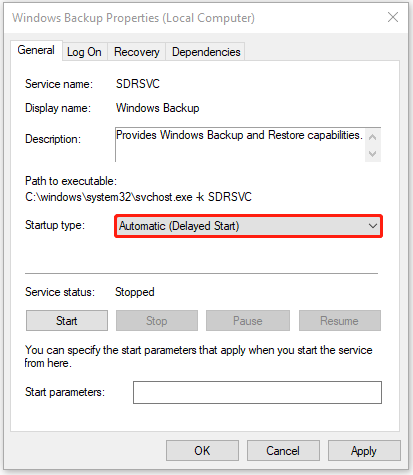 Check the Windows Backup service
