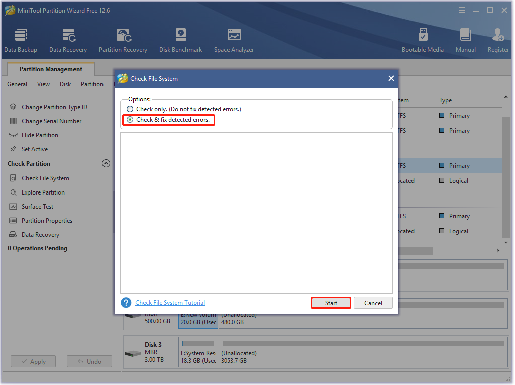 Check and fix detected errors