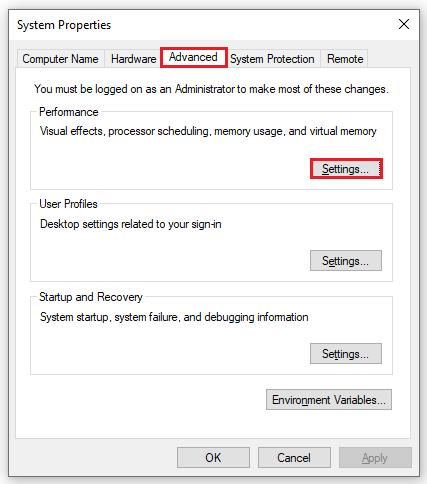 click the Settings button in the Performance section