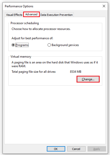 click on the Change button in the Advanced tab
