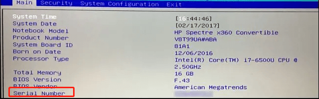find serial number in BIOS settings