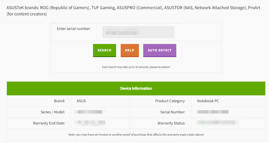 check ASUS warranty using SNLOOKUP