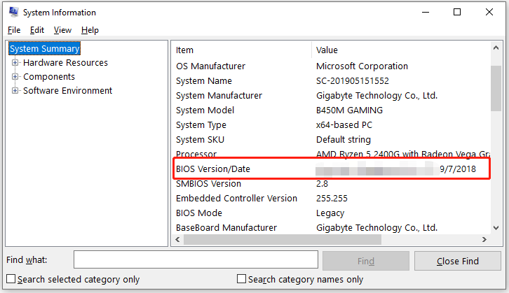check BIOS Version in System Information window