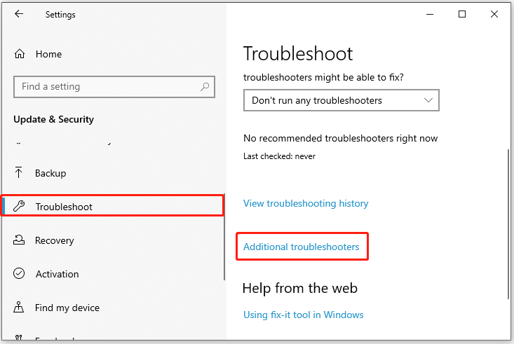 Click Additional troubleshooters