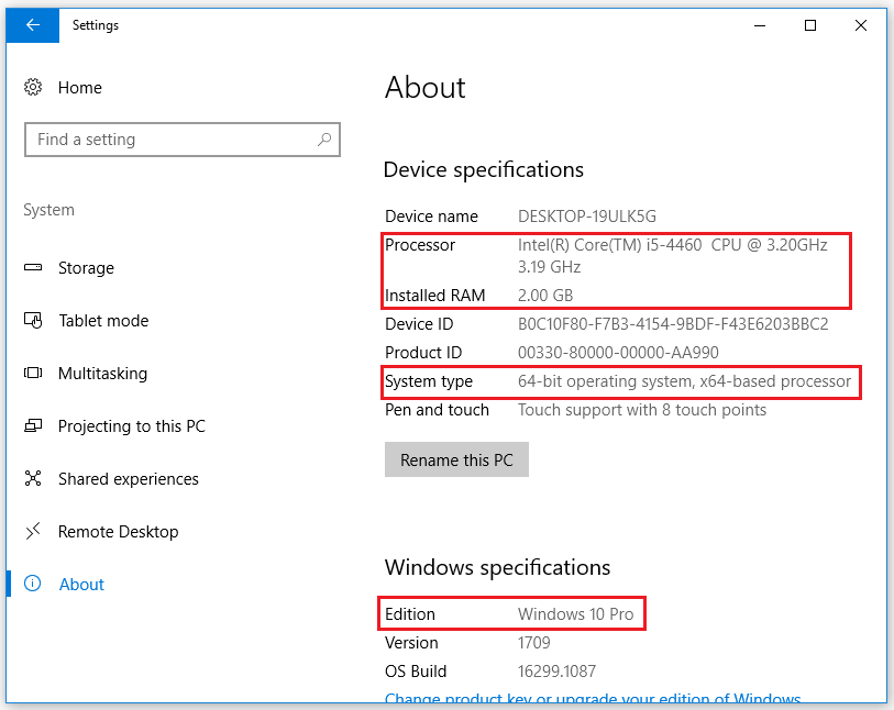 check system configuration on the About window