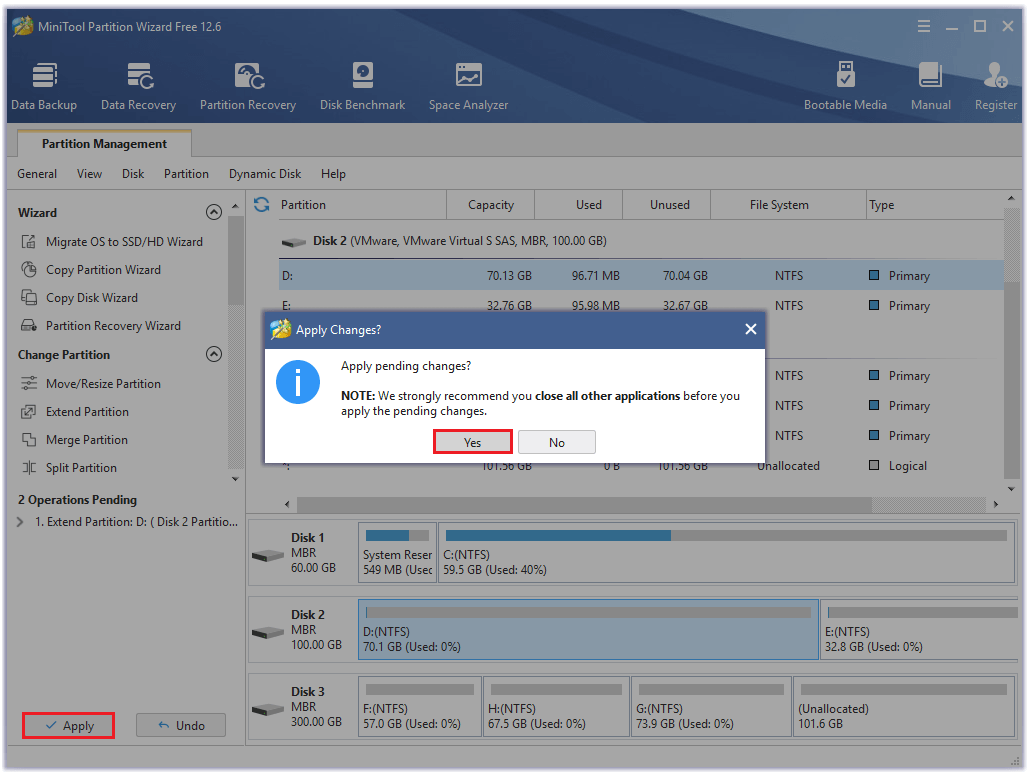 click Apply and Yes to apply all the pending changes
