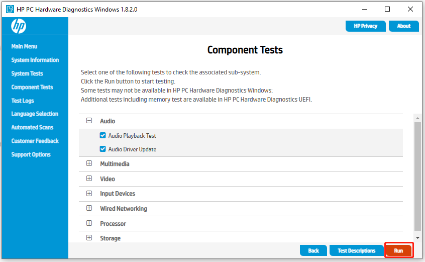 run component test on HP diagnostics tool