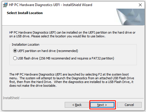 select a location to install the HP hardware diagnostics tool