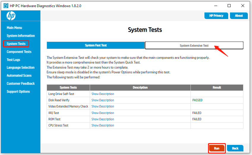 run Extensive test on HP diagnostics tool
