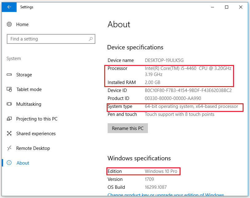 check system configuration on the About window