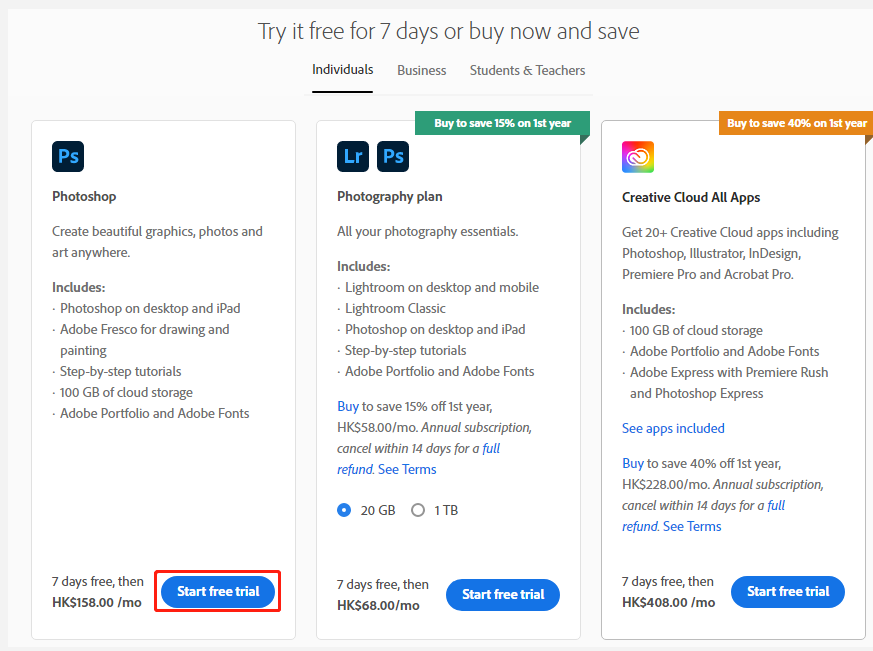 click Start free trial Photoshop
