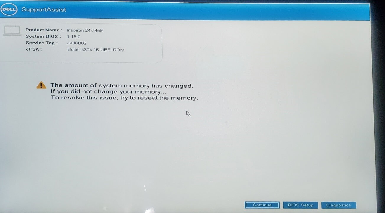 the amount of system memory has changed error message