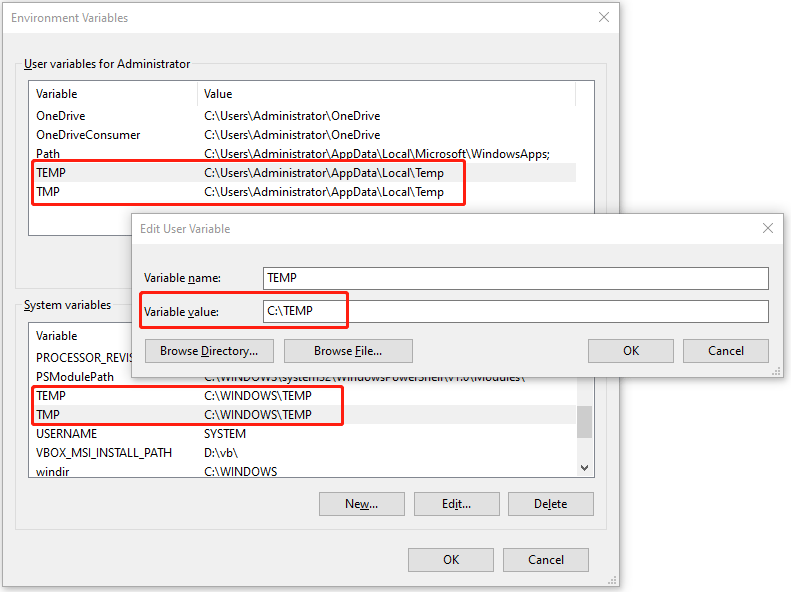 change environment variables