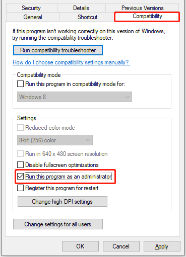 Check Run this program as an administrator