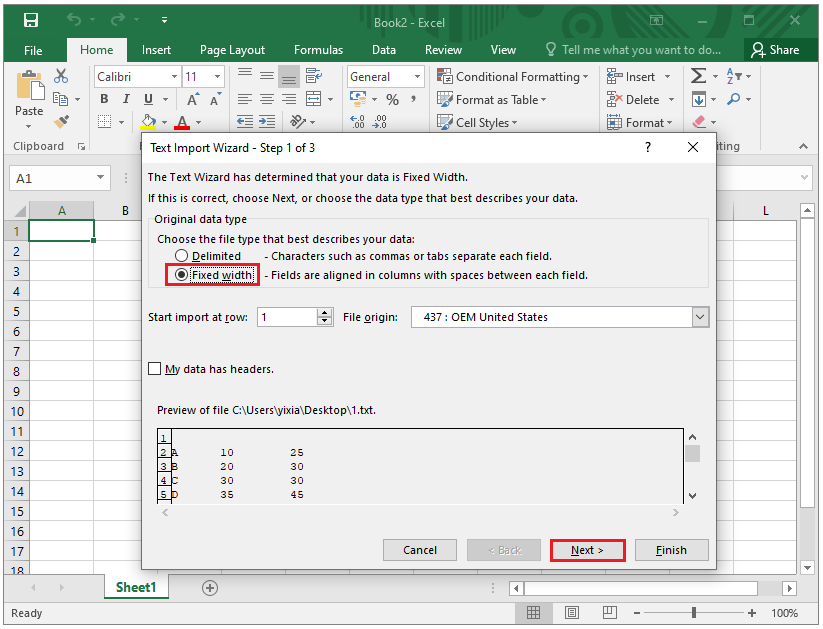 choose Fixed width as file type
