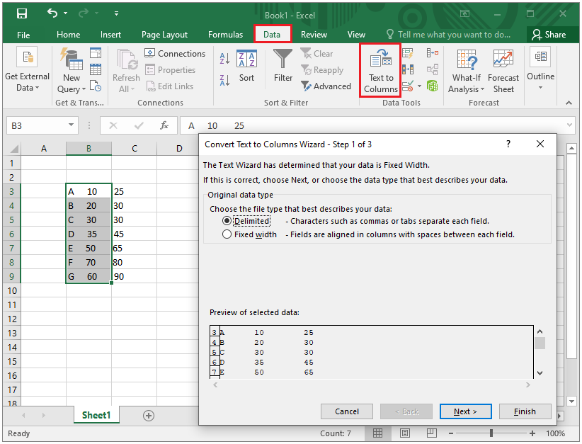 split the data into columns